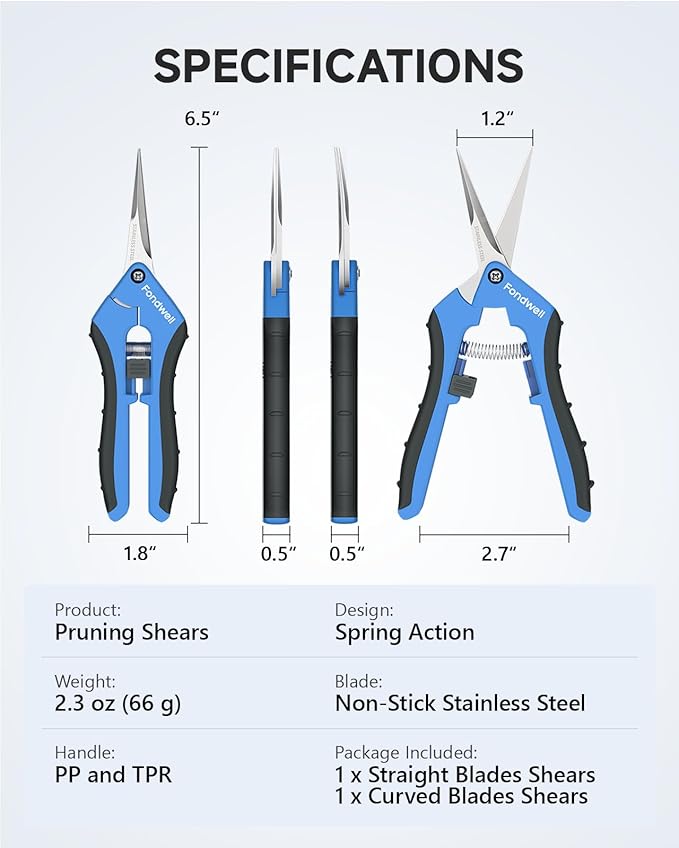 Fondwell 6.5" Pruning Shears Trimming Scissors: 2 Pack Straight & Curved Garden Snips with Micro Tip - Premium Plant Clippers for Precision Cutting