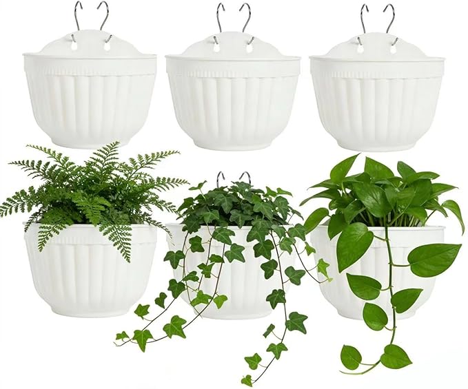 6 Pcs Plastic Large Wall Plant Pots Vertical Garden Living Wall Mounted Window Hanging Basket Fence Planters Indoor Outdoor for Plants Flowers Kitchen Herbs Holder with Drainage Decor White