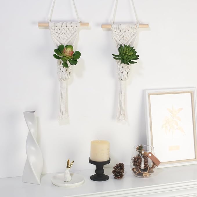 Macrame Wall Hanging Plant Holder with Artificial Succulent, Natural Cotton with Wood Dowel, Boho Wall Decor, Hanging Plants Set of 2 (Succulent 2pcs)