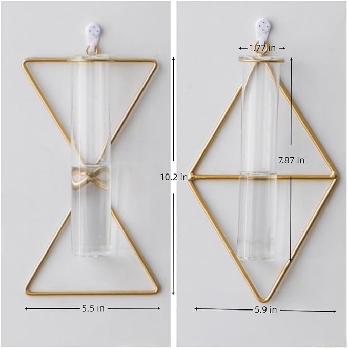 2 Pack Nordic Wall Vase Hanging Geometric Gold Flower Vase Wall Mount Metal Frame Vases Hydroponic Glass Bud Vase Decor for Home Wedding Farmhouse