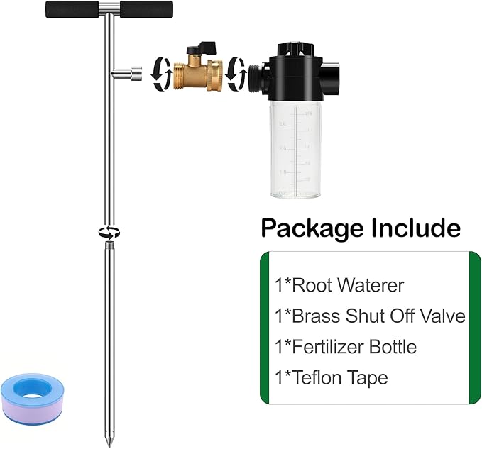 Caulimo Deep Root Watering Tool for Trees, Tree Watering Spike with Fertilizer Bottle, Stainless Steel Root Feeder for Garden, Orchard & Shrubs, Tree Irrigation System with Brass Valve|T-Handle