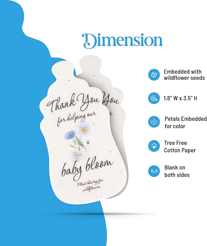 5pcs Blue Baby Bottle-Shaped Gift Tags with Wildflower Seeds - Writable Gift Wrap Tags for Baby Showers, Mother's Day Present, Party Favors, DIY Crafts, & Earth Day Decorations