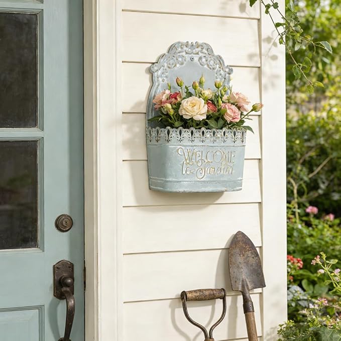 Metal Hanging Planters Wall Mount Planter Wall Vases for Flowers Shabby Chic Decor for Rustic Farmhouse Outdoor Decor Blue