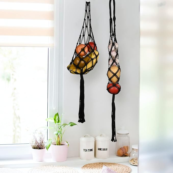 Beautyflier 2 Pieces Macrame Hanging Fruit Basket, Wall Hanging Potato Onion and Fruit Boho Fruit Holder Net for Kitchen Decor (Black)