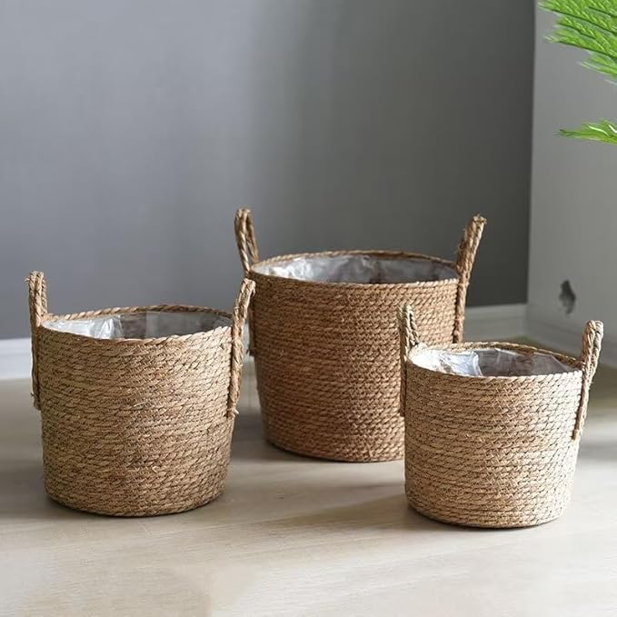Kerio Seagrass Planter Basket Straw Plant Basket Woven Flower Plant Pot Plant Containers with Plastic Liner for Indoor Plants Laundry Room 9.8Inch