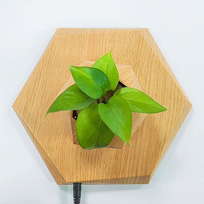 Floating air plant pot, magnetic levitation pot air creative ornaments, hanging wood grain potted plant bonsai for office, reception, home