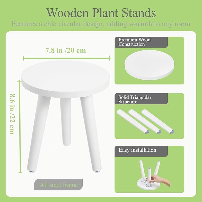 Samll Plant Stand Indoor/Outdoor for Plants,Wood White Planter Stands Holder Mid Century Pedestal Shelf,Sturdy Short Flower Rack Boho Short Planter Table 8.6"Tall Wooden Plants Stool for Garden,Patio