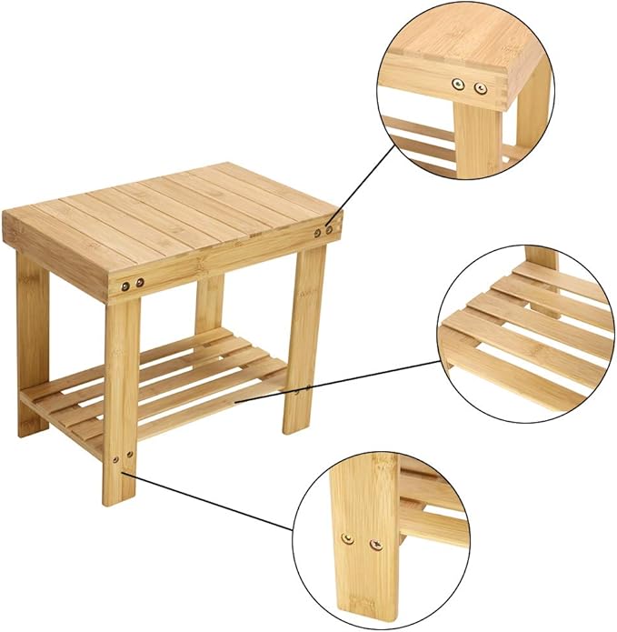 KKTONER Bamboo Step Stool with Storage Shower Bench with Shelf Foot Stool for Bathroom Living Room Bedroom Natural Color