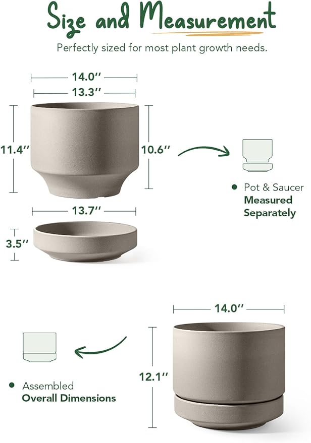 LE TAUCI Large 14 Inch Plant Pot with Saucer | Ceramic Outdoor & Indoor Big Planter Pot | Drainage Hole, Mesh Pad | Unglazed Porous | Modern Minimalist for Home and Patio – Neutral Gray