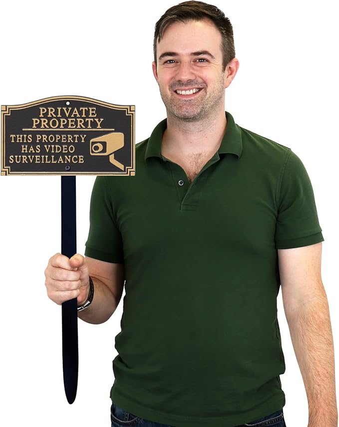 SmartSign “Private Property - This Property Has Video Surveillance” GardenBoss Statement Plaque | 5.75" x 9.5" Aluminum Plaque with 18" Black Lawn Stake, Made in USA