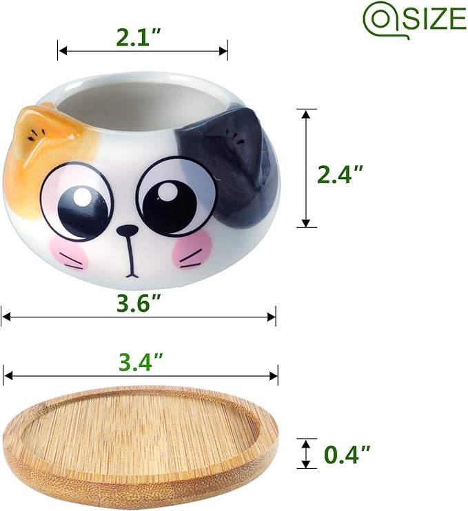 Succulent Pots with Drainage 3.6 Inch Mini Cat Pots for Plants Tiny Animal Planter Small Ceramic Air Plant Flower Pots Cactus Faux Planters Containers with Bamboo Tray