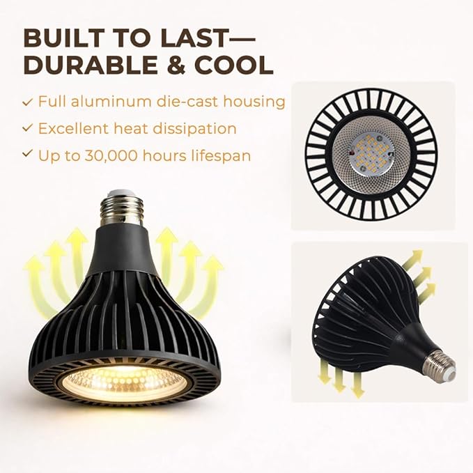 Grow Lights for Indoor Plants, 40W LED Full Spectrum Grow Bulb, 3000K Warm White (E26/E27), CRI 97+, Non-Dimmable, for Houseplants in Low-Light Rooms, Black