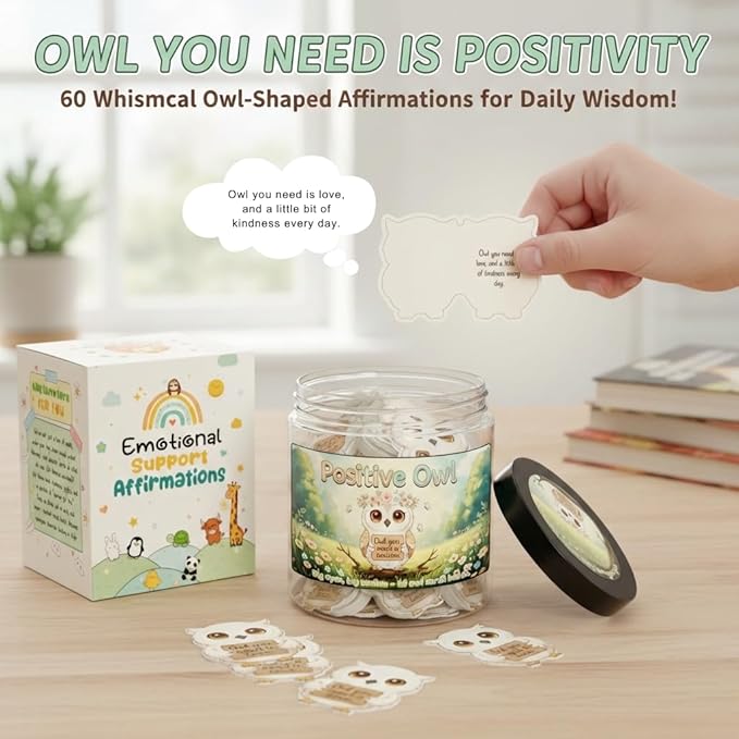 Positive Owl Jar With 60 Affirmation Cards – Emotional Support Owl Gifts For Women, Stress Relief And Daily Encouragement, Owl Themed Gifts, Office Decor For Women