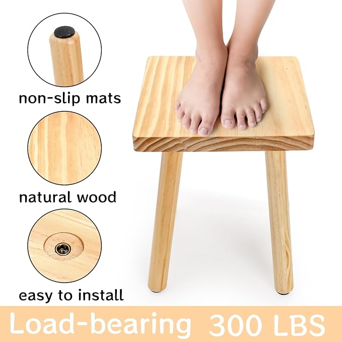 Goaste 9.5 Inch Wooden Step Stool, Solid Square Sitting Stools for Adults Kids, Multi-Purpose Short Chair Perfect Matched Sensory Table, 4-Legged Small Foot Rest Stool for Playroom, Kitchen, Bedroom