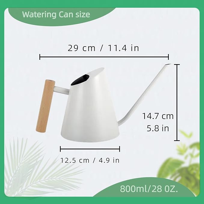 800ml Indoor Watering Can with Long Spout, 28oz Capacity, White Metal with Wood Handle (White-Z2)
