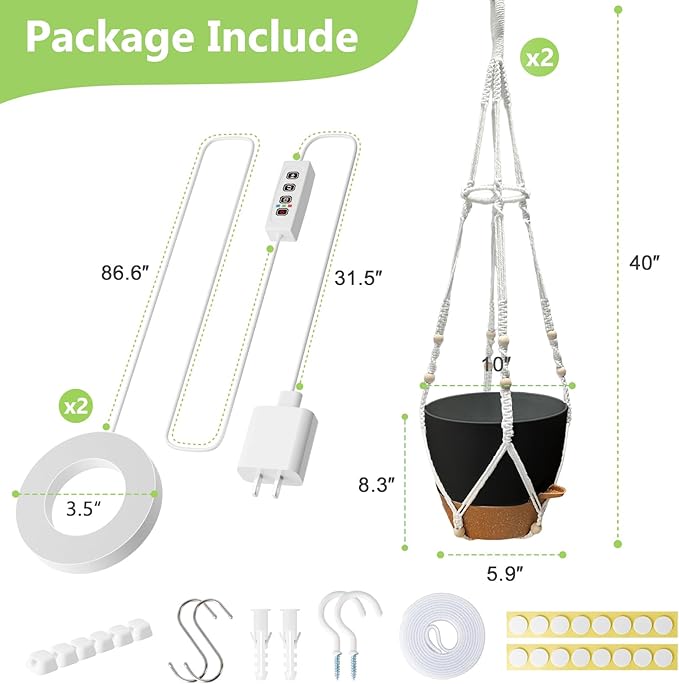 Hanging Planters for Indoor Plants: 2 Pack Macrame Plant Hangers with Grow Lights and Self-Watering Pots, Large Hanging Pots with Drainage Holes & Removable Tray（10in Black Pot, Daylight Spectrum）