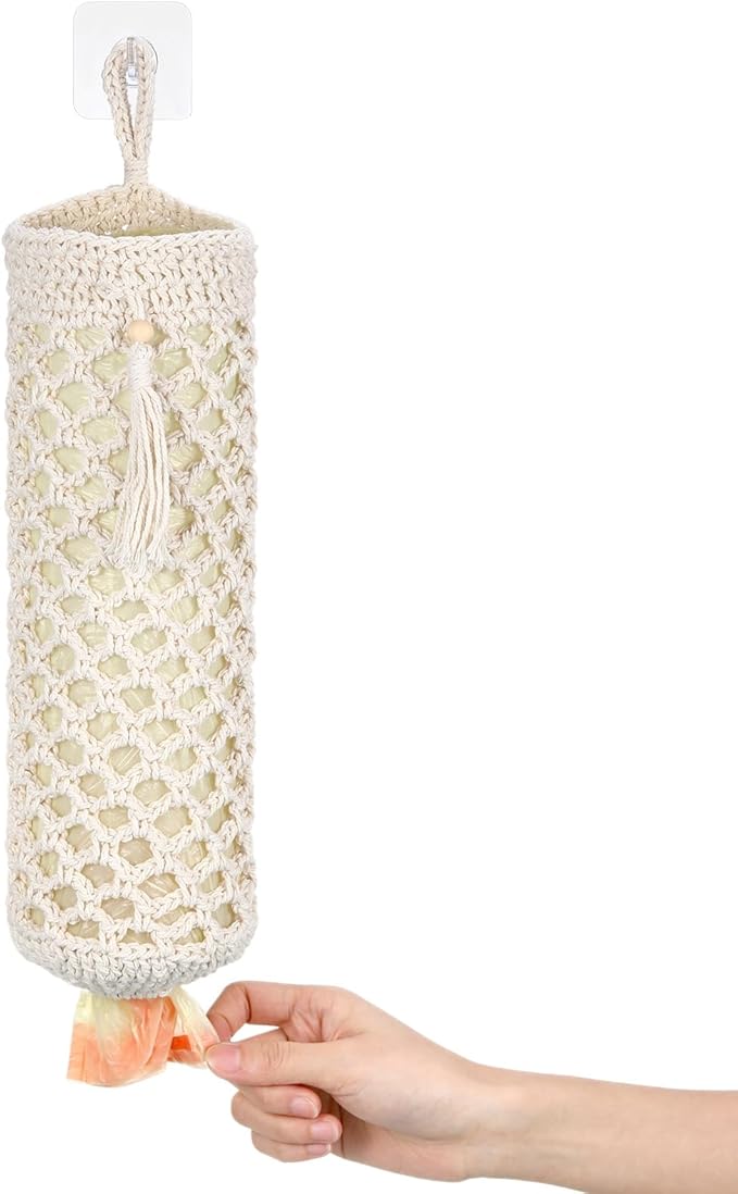 Plastic Bag Holder, Macrame Grocery Bag Storage Reusable Hanging Shopping Trash Bags Dispenser Boho Decor for Kitchen Closet Pantry Laundry Room, with 1 Traceless Hook