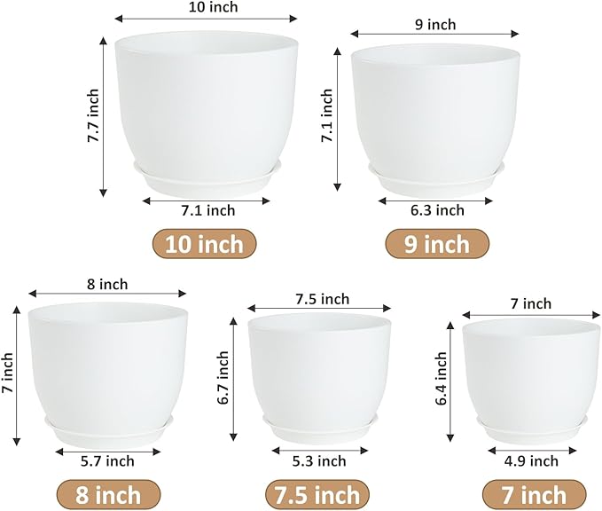 YNNICO Plant Pots 10/9/8/7.5/7 inch Flower Pots with Multi Mesh Drainage Holes, Planters for Indoor Outdoor Garden Plants and Flowers. (White)