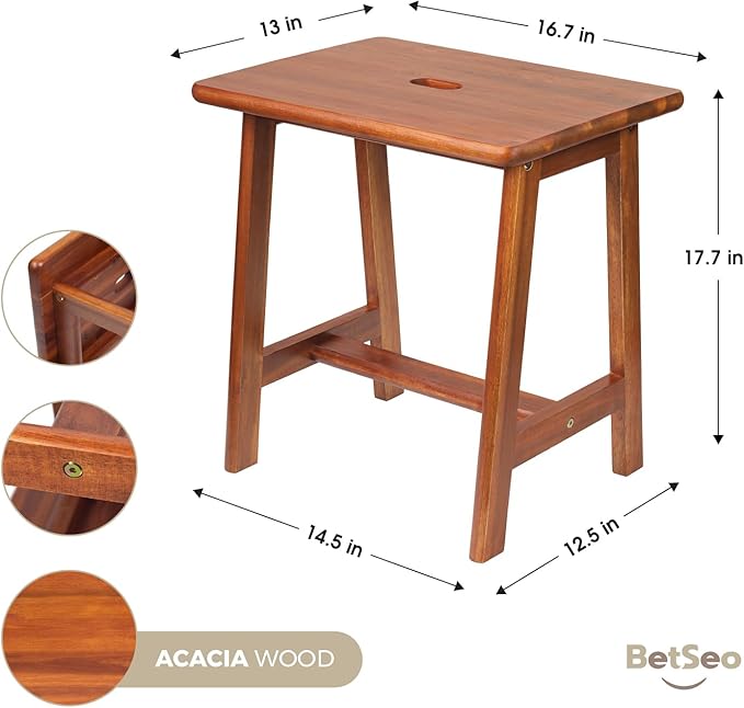 Rectangular Acacia Wood Stool (16.7"D x 13"W x 17.7"H) - Small Bench Seat, End Table, Bathroom, Plant, Makeup Stool - Perfect for Living Room, Bathroom (Light Brown)