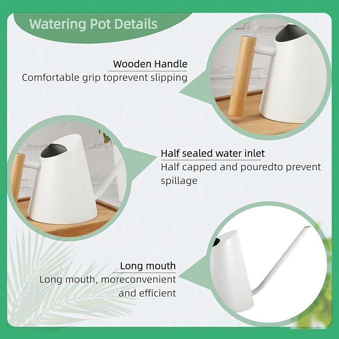 800ml Indoor Watering Can with Long Spout, 28oz Capacity, White Metal with Wood Handle (White-Z2)