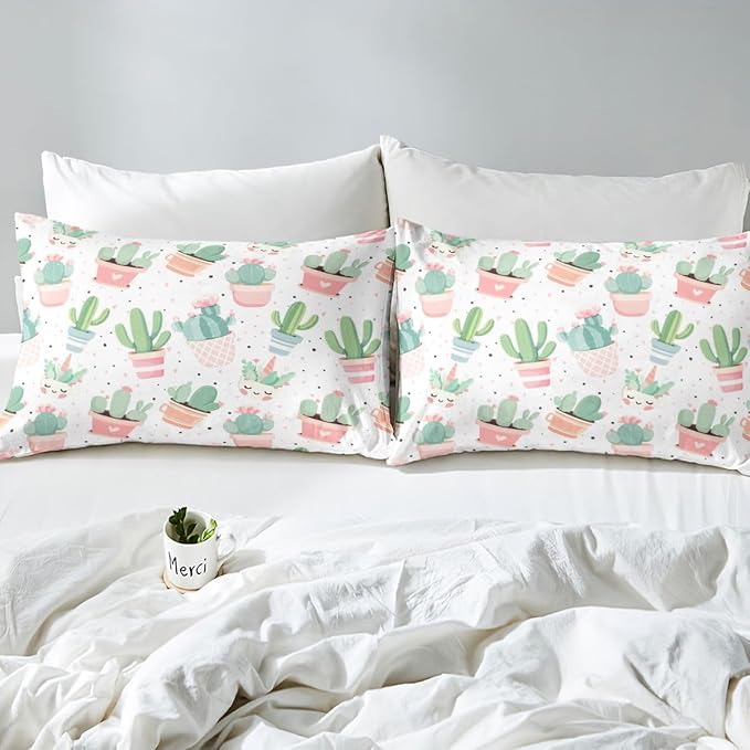 Feelyou Cute Cactus Bed Sheet Set for Girls Kids Bedroom Twin Size Boho Succulent Sheets Set Tropical Botanical Pattern Bedding Set Watercolor Pastel Pink Green Decor