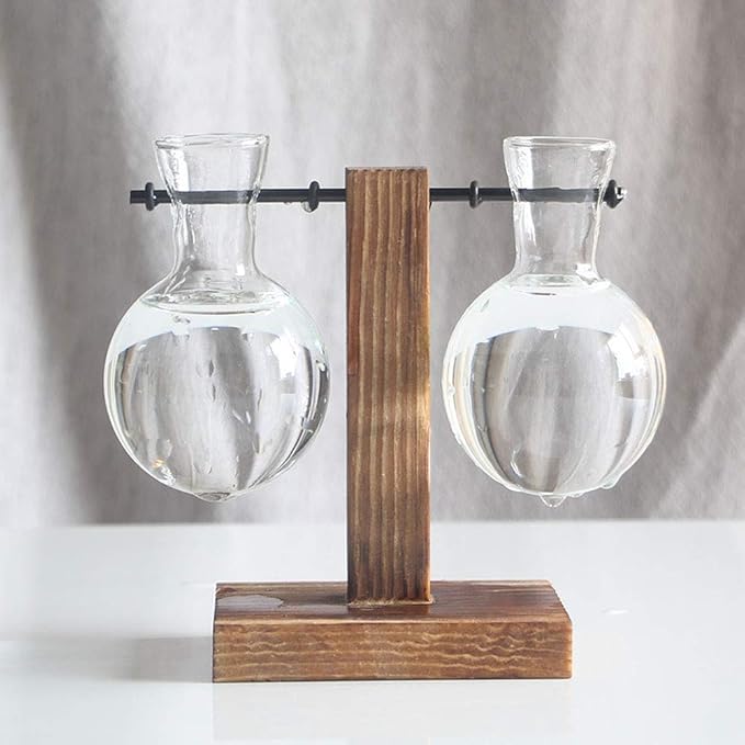 Glass Test Tube Holder in Wooden Stand, Hydroponic Vase, Indoor Desktop Plant Terrarium, Glass Flowerpot with Vintage Wood Frame Holder for Hydroponic Plant Family Garden Wedding Decoration(A3)