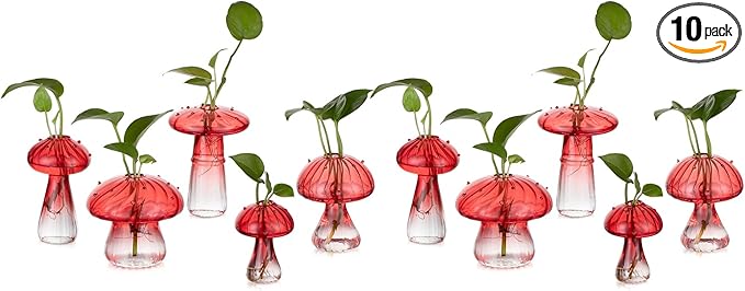 Glasseam Mushroom Plant Propagation Stations: Red Glass Terrarium Jar Set of 10 Cute Planters for Indoor Plants Mini Propagate Station Unique Christmas Birthday Gifts for Women Home Office Decor