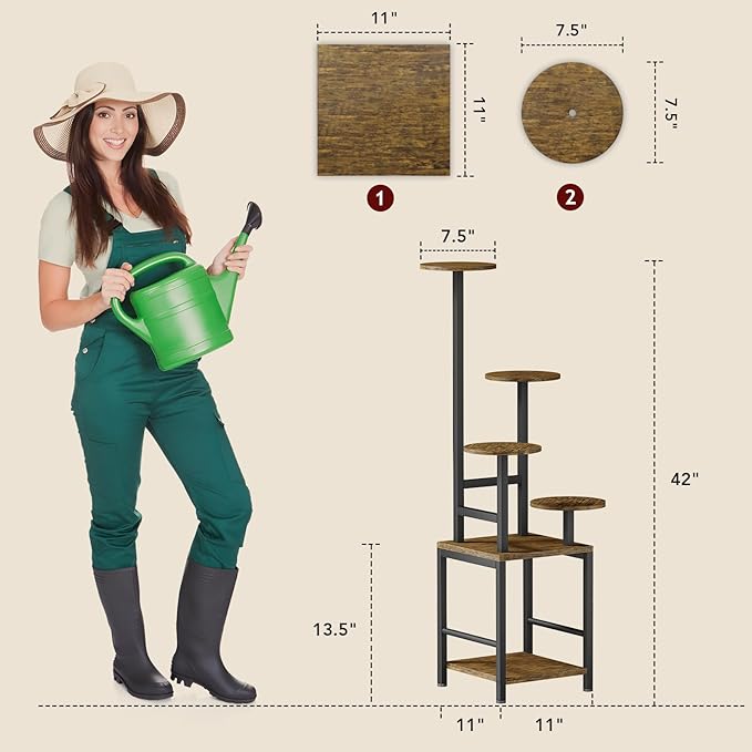 Homsorout Round Plant Stand Indoor with Grow Light, 5-Tiered Tall Plant Stand Indoor, Metal Plant Shelf with Adjustable Light, Ideal for Living Room, Garden, Patio (Black Brown)