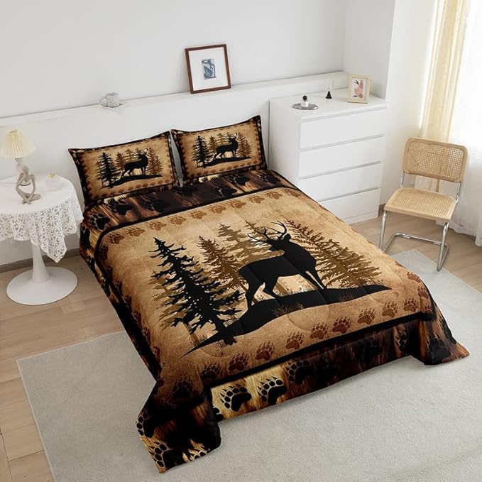 Feelyou Cute Deer Comforter Set for Girls Boys Kids Deer Hunting Bedding Set Room Decorative Rustic Bear Paw Print Bedding Set Canbin Deer Brown Duvet Set Twin Size 2Pcs Quilt Set with 1 Pillow Case