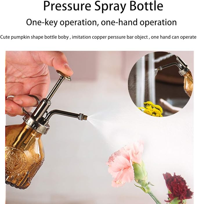 Plant Mister Glass Spray Bottle Small Plant Watering Can 6.4" Tall Retro Indoor Watering Can Bronze Plastic Top Pump for Garden Indoor Plant Sprayer (Brown)