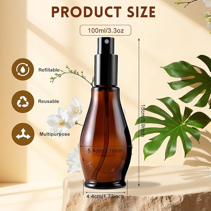 UPSTORE 3PCS Empty Refillable Amber Glass Spray Bottle Jars with Black Cap Cosmetic Vials Sample Packing Storage Containers Fine Mist Sprayer Automizer for Perfume Makeup Water (100ML/3.4oz)