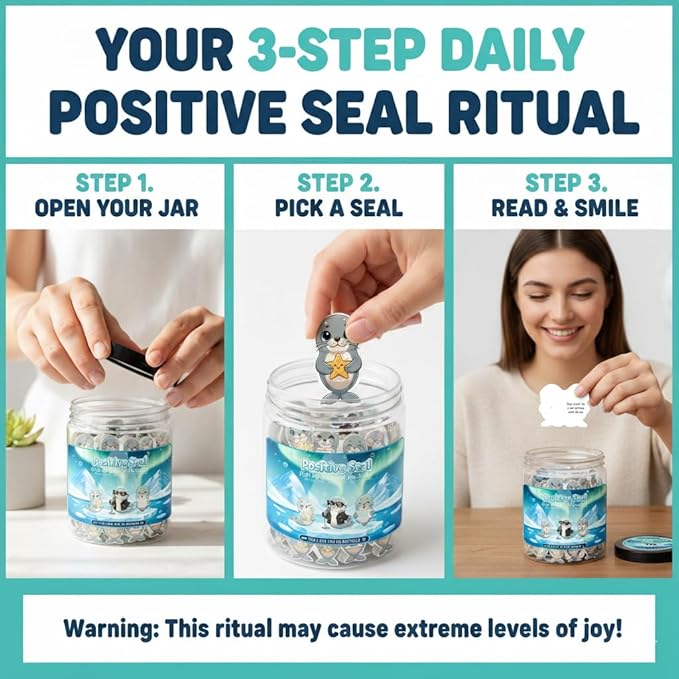 Positive Seal Jar with 60 Affirmation Cards, Emotional Support Seal, Teacher Appreciation Gift, Mental Health and Office Decor, Funny Gift for Boys and Birthdays