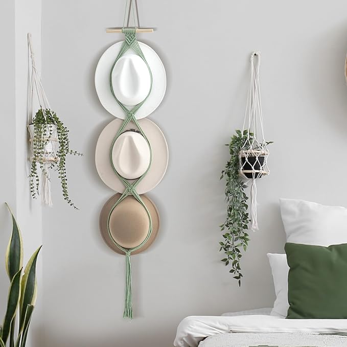 Yulejo Macrame Hat Hangers Boho Hat Rack Cowboy Hat Hanger Back of Door Hat Organizer (Sage Green,Three Hats Style)