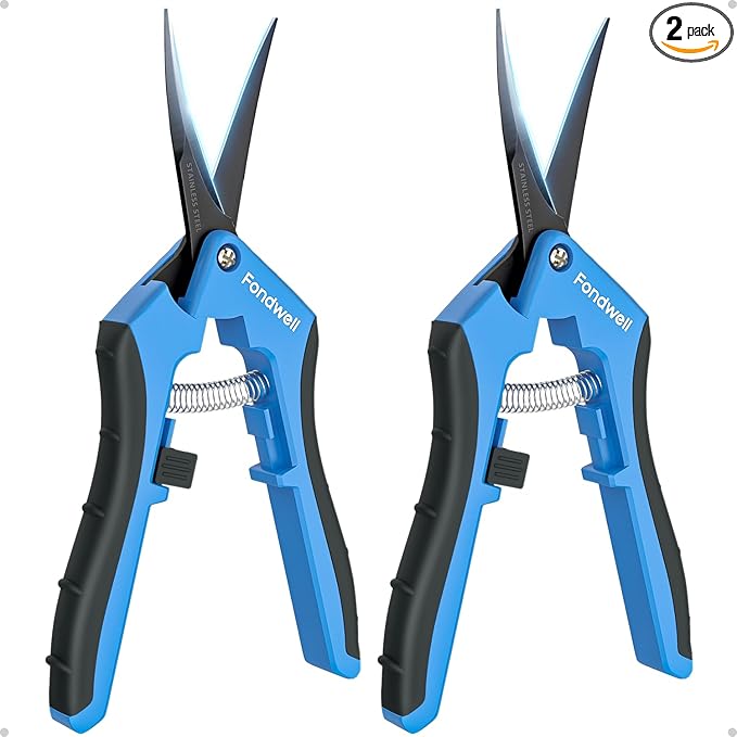 Fondwell 6.5" Garden Shears Pruning Scissors: 2 Pack of Lightweight Bud Trimming Scissors for Precision Cutting - Non-Stick Curved Blade