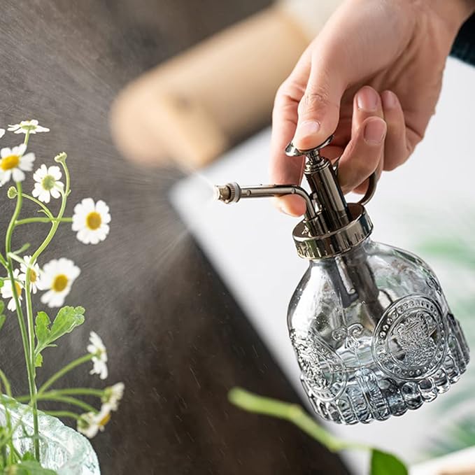 Plant Mister Glass Spray Bottle Small Plant Watering Can 6.4" Tall Retro Indoor Watering Can Bronze Plastic Top Pump for Garden Indoor Plant Sprayer (Grey)