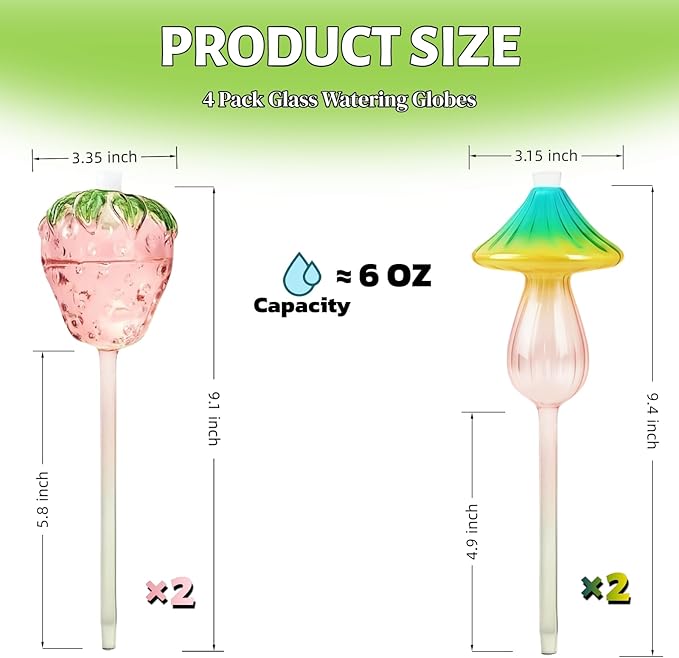 Plant Watering Globes,Glass Watering Bulbs Self Watering Planter Insert Devices 4PCS Plant Waterers for Indoor Plants for Travel Vacation(Mushroom Strawberry Shape)