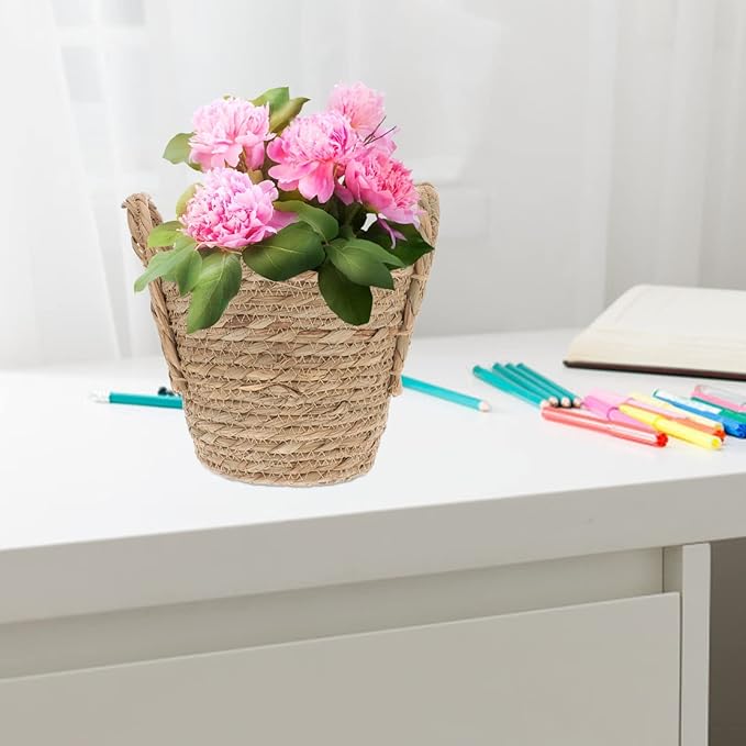 Alipis Seagrass Basket Planters Flower Pots with Plastic Liner, Plant Containers Storage Holder Wicker Rattan Vase with Handle