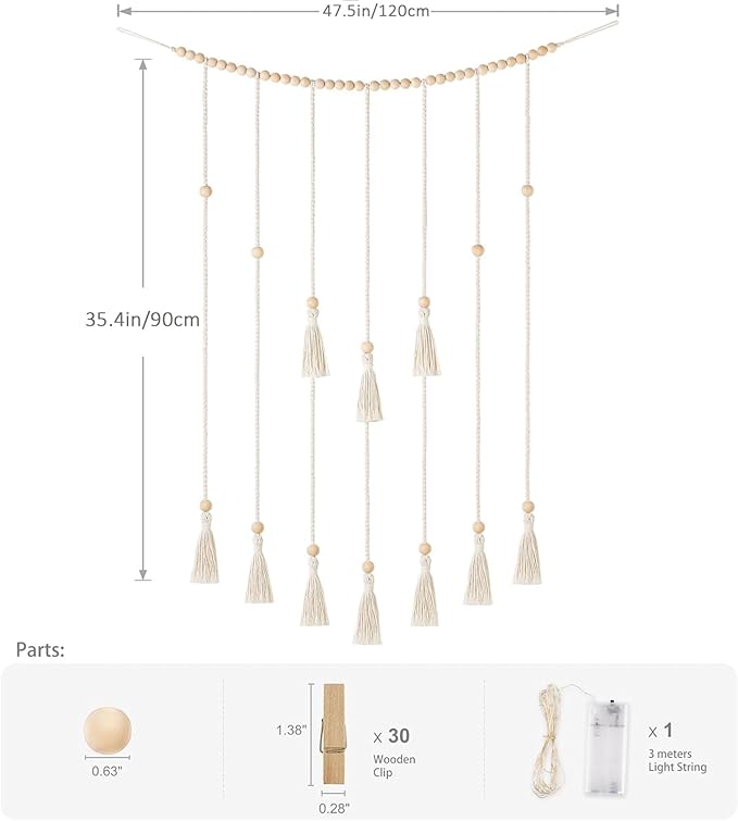 Macrame Hanging Photo Display Wall Decor，Picture Holder with 30 Clips for Bedroom Wall，Picture Christmas Card Holder with String Lights， Room Decor for Teen Girls， Christmas Card Display ,Presents for Teens