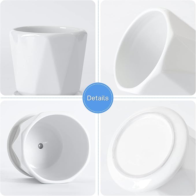 Octagon Ceramic Plant Pots - Indoor White Flower Planter Set with Drainage Holes, 6.5+5.5+4.5 Inch, Modern Decorative Planter Pots for Indoor Plants, Home Decor, Ideal Gifts for Women, Set of 3