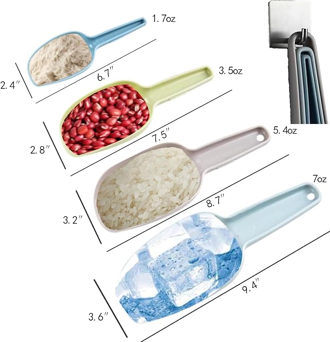 4Pcs Ice Scoop Set, Colorful Scoop for Freezer Kitchen Canisters Flour Powders Dry Foods Candy Popcorn Coffee Beans Pet Food Scoops