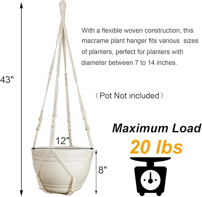 Bouqlife 43 Inches Macrame Plant Hanger Large for 12 inch Pot Extra Long No Tassel Cotton Rope Hanging Plant Holder with Ceiling Hook Bohemian Home Decor