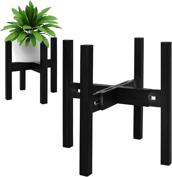 Rnined Adjustable Plant Stand Indoor,Bamboo Mid Century Modern Plants Stands, Stable Plant Holder,Fit 8 9 10 11 12 inch Pots (Pot & Plant Not Included)(Black)
