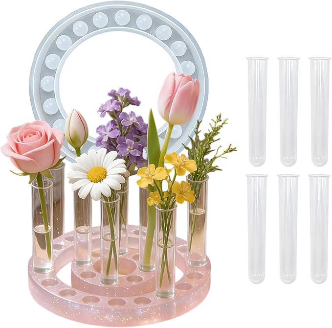 Round Vase Resin Mold Silicone for Plant Propagation Station with 6 Acrylic Test Tubes, Epoxy Resin Casting Mold for Hydroponic Flowers, Home Office Decor, DIY Craft Gift (C)