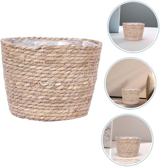 ORFOFE Seagrass Plant Basket Woven Planter with Plastic Liner Handcrafted Rattan and Straw Flower Pot Cover for Indoor and Outdoor Rustic Farmhouse Decor Multipurpose Storage Container