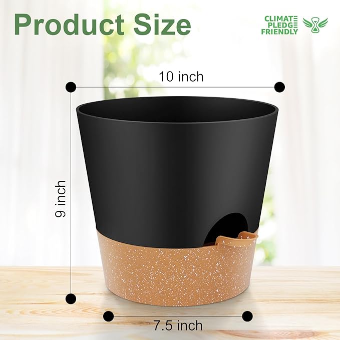 YNNICO 10-Inch Plant Pots, Self-Watering Planters with Drainage Holes & Saucers for Indoor and Outdoor Plants (2-Pack, Black)