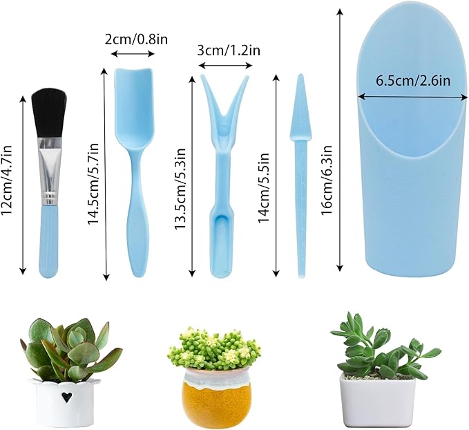 Mini Succulent Tools, 5Pc Succulent Planting Tools Kit for Indoor Planting, Succulent Gardening Tools for Digging, 2 Colors Shovel Scoop Bucket Spoon Brush Outdoor Plant Care (Blue)