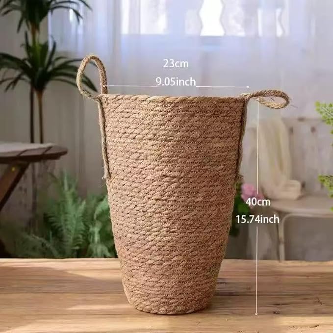 Tall Rattan Woven Planter Basket for Indoor Plants – Grass Flower Pot with Handles & PP Liner, Farmhouse Storage Basket, Multi-Functional Rustic Planter for Home Decor (Small)