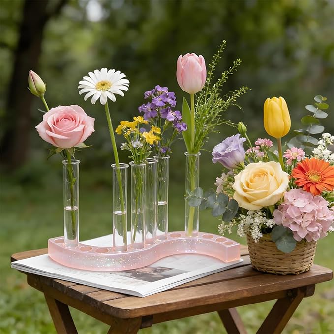 Round Vase Resin Mold Silicone for Plant Propagation Station with 6 Acrylic Test Tubes, Epoxy Resin Casting Mold for Hydroponic Flowers, Home Office Decor, DIY Craft Gift (A)