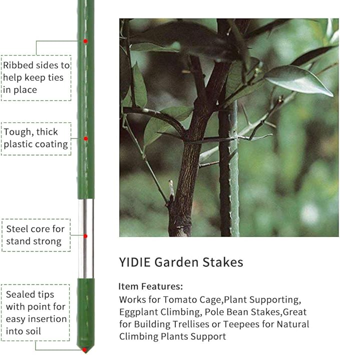 Garden Stakes Sturdy Metal Fence Post 5 Ft Plastic Coated Steel Plant Sticks for Tomatoes,Trees,Cucumber,Fences,Beans,Pack of 50