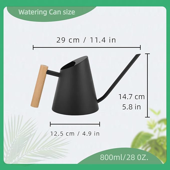 800ml Indoor Watering Can with Long Spout,28oz Capacity, Black Metal with Wood Handle (Black-Z2)